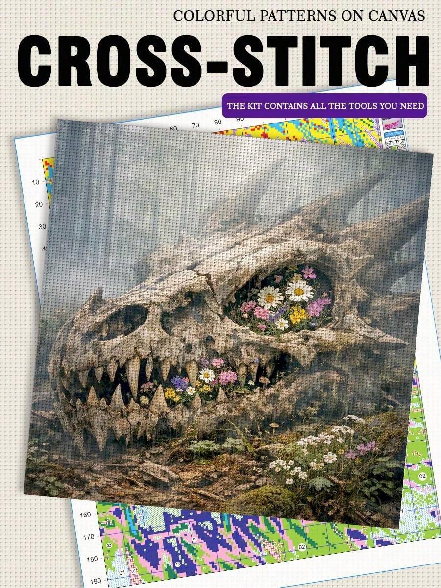 11/14/16CT Printed Cross-Stitch Kit. Dinosaur Fossils. A Relaxing DIY Project For Adult Beginners. Includes Fabric, Needles, Threads, And A Chart. Handmade Wall Art-Perfect As A Gift. 40x40cm/15.7x15.7in.