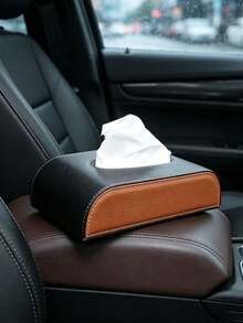 1pc Black Brown Spliced Car Tissue Box, Minimalist Style PU Leather Material Arc‑Rectangle Shape With Hanging Strap & Contrast Stitching Detail, Tissue Storage Function Car Sun‑Visor Napkin Holder, For Car Interior Road Trip Daily Driving - Multicolor - View 3