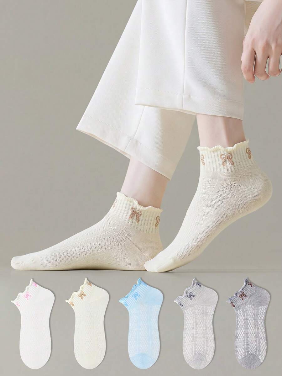 ZUJO 5 Pairs Multi-Color Women's Ruffle Short Socks, Bow Print Pattern, Simple And Comfortable, Suitable For Spring, Summer, Autumn Wear, French Country Style, Random Color Shipment - Multicolor - View 1