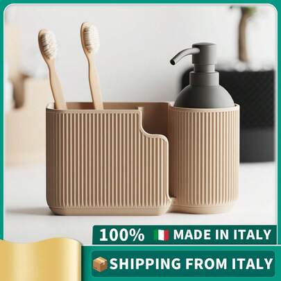 ORIZZONTE Organizer Bagno Moderno Per Porta Spazzolini e Dispenser Sapone – Contenitore da Bagno con Design Minimal a Righe Verticali – Portaoggetti per Lavabo e Accessori Bagno – 100% Made in Italy, Spedizione dall'Italia