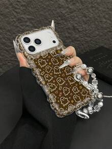 1pc Coffee Brown Base Simple Ghost Star Moon Heart Halloween Full Print Pattern Anti-Fall High Transparency Transparent Silicone Soft Shell Material Wavy Edge Full Coverage Style Optional Bowknot Silver White Pearl Chain Lanyard Vintage Coffee Brown Ghost Halloween Phone Case Compatible With Apple Android All Models Minimalist Atmosphere Anti-Fall Protective Case - Clear - View 5