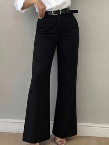 Women's Minimalist Design Flared Leg Casual Trousers, Suitable For Commuting, Office, Daily Wear, All Seasons Spring Black Fall - Black - View 1