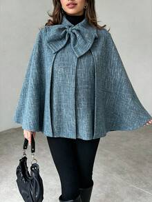 Women's Sleeveless Woven Cape-Style Short Jacket, Regular Length, Decorated With Bows, Perfect Choice For Guest Attire - Blue - View 8
