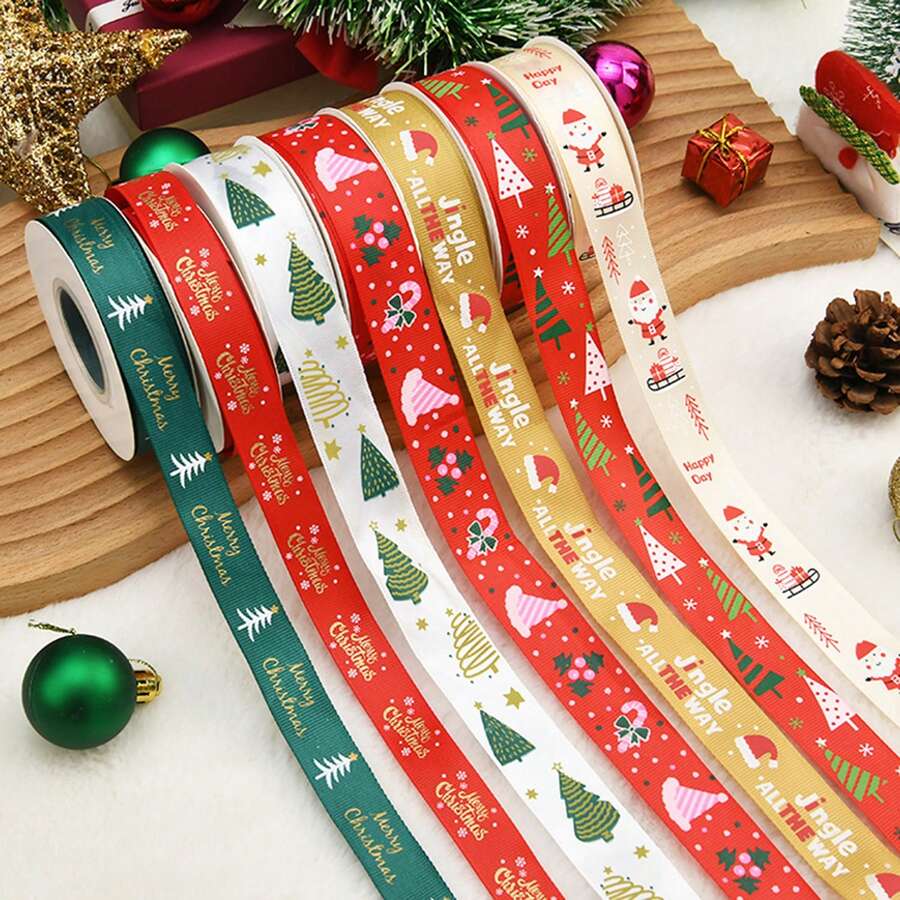 Christmas Print Ribbed Ribbon, Multi-Pattern Holiday Gift Wrapping Fabric Tape For Handmade Bow Decoration, Suitable For Gift Box Packaging, Floral Decoration, Handmade DIY Crafts, Christmas Tree & Wreath Matching, Baking Packaging: Bundling Cookies, Candy & Dessert Bags, Decorating Holiday Baking Gifts And More - Multiple Styles - View 1