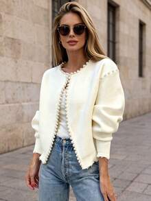Solid Color Printed Pearl Beaded Trim Round Neck Puff Lantern Sleeve Ruffle Hem Knit Cardigan White Fall - White - View 2