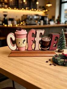 1pc Wooden Coffee Sign Tabletop Decor, Cute Cartoon COFFEE Letter Decorative Plaque, Farmhouse Style Coffee Bar Accessory, Coffee Station Desktop Centerpiece Ornament, Suitable For Kitchen Countertop, Home Coffee Shop Decoration - 1PC - View 4