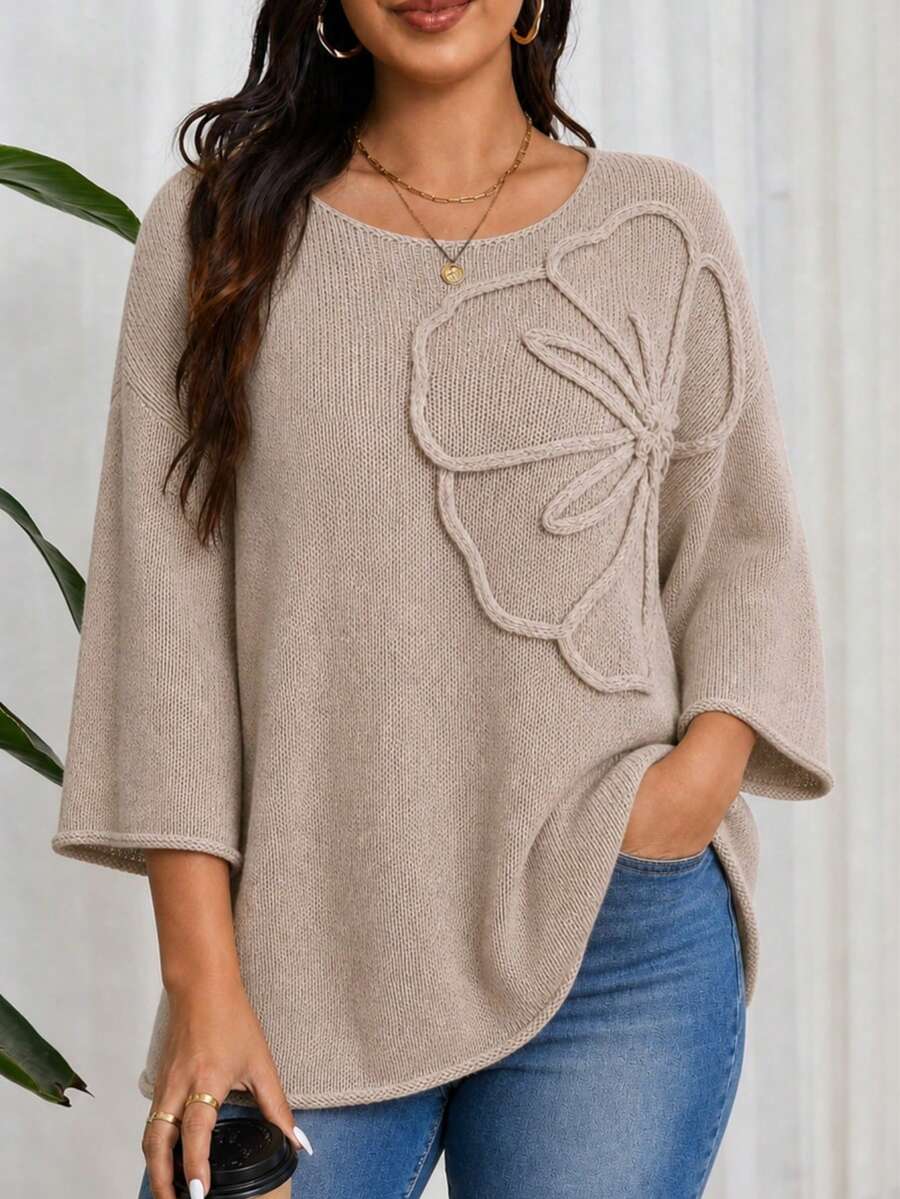 Pullover Wanita Ukuran Besar dengan Detail Mawar 3D, Leher Bulat, Bahu Longgar, Sweater Rajut Musim Gugur - Unta - View 1