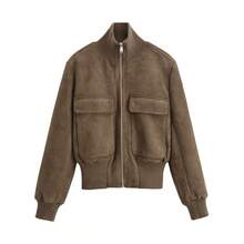 Women's Faux Suede Short Aviator Jacket, Ribbed Collar, Zipper Front, With Pockets - Army Green - View 8