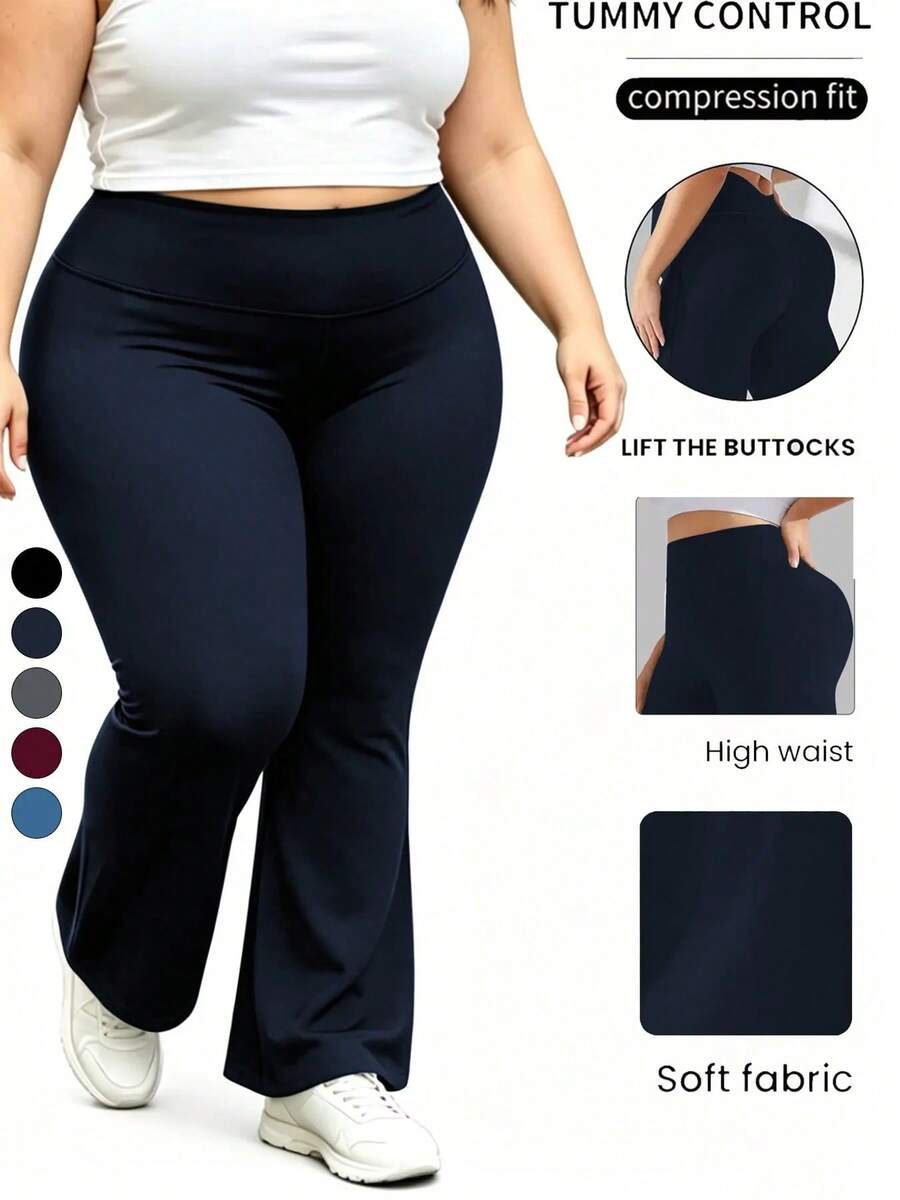 Pantalones acampanados de talla grande, cintura alta con cintura elástica, tejido suave y transpirable, ropa casual para todas las estaciones, disponibles en varios colores - Azul lavado oscuro - Ver 1