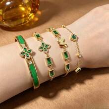 Green Cubic Zirconia FourLeaf Clover Butterfly Bracelet & Bangle Set,18K Gold Plated Stainless Steel Retro Rectangle Stone Stacking Jewelry For Ladies - Multicolor - View 7