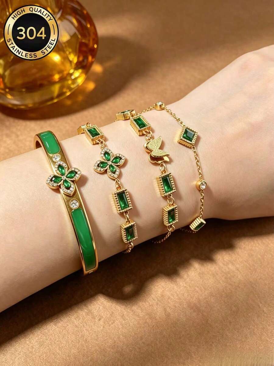 Green Cubic Zirconia FourLeaf Clover Butterfly Bracelet & Bangle Set,18K Gold Plated Stainless Steel Retro Rectangle Stone Stacking Jewelry For Ladies