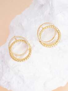 Gold-Plated Zirconia Inlaid Hollow Logo Ear Clips, Women's Non-Pierced Earrings, Daily Jewelry, Quiet Luxury Style - Gold 2 - View 6