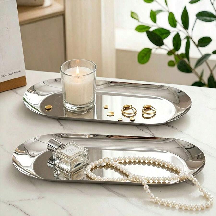 1pc Silver Luxury Metal Storage Tray, Jewelry Tray, Desktop Organizer Tray, Shaped Jewelry Display Tray, Home Decor Serving Tray, Craft, Desktop Storage Rack, Perfect For Placing Jewelry, Cosmetics - Silver - View 1