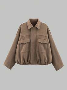Girls' Urban Fashion Suede Jacket With Scalloped Edge, Metal Button Decor, Back To School Campus Outfit, Autumn/Winter Casual Daily Wear - Brown - View 1