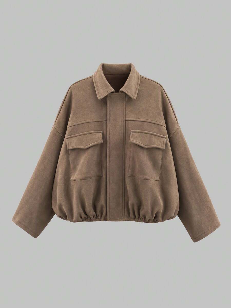 Girls' Urban Fashion Suede Jacket With Scalloped Edge, Metal Button Decor, Back To School Campus Outfit, Autumn/Winter Casual Daily Wear - Brown - View 1
