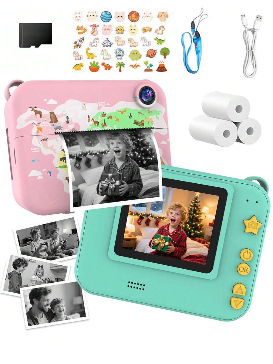 Instant Print Camera (With 3 Rolls Of Photo Paper), Portable Office File Camera, Photo Printer, USB Rechargeable, Great Tool For Developing Interest And Creativity, Ideal Christmas, Birthday Gift - Multicolor - View 1