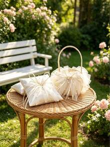 Wedding Flower Basket Ring Pillow, Large Ring Pillow - Wedding Lace Flower Basket Lace Pearl Ivory Ring Tray Wedding Party - View 4