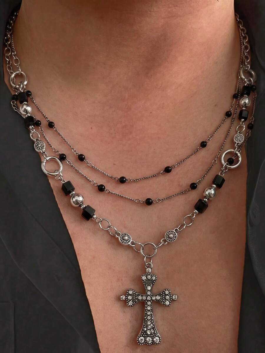 1pc Men's Silver Metal Pendant Necklace With CZ Inlaid Cross Pendant, Gothic Style, Suitable For Party And Gathering - Multicolor - View 1
