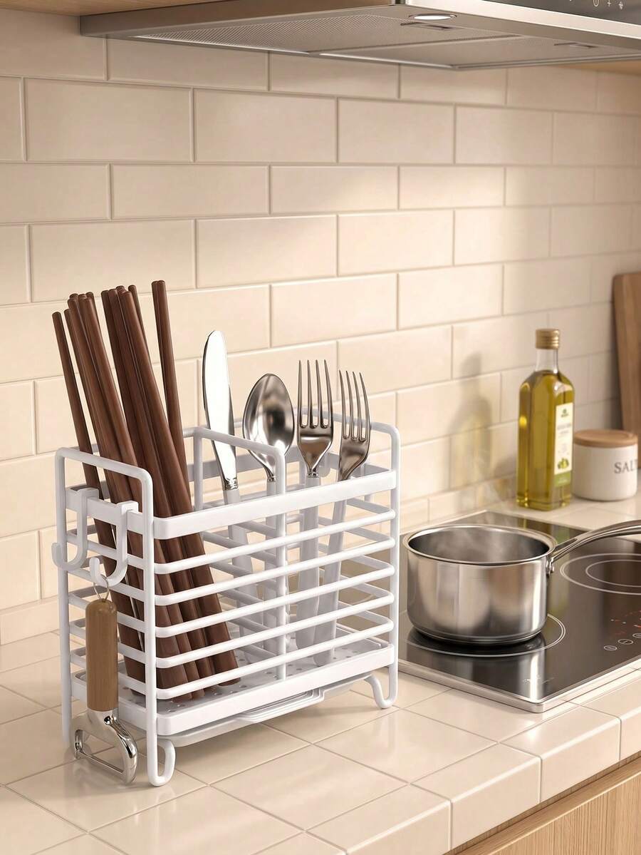 1pc 2/3 Slot Stainless Steel Chopstick Holder With Drip Tray, Durable Utensil Drying Rack, Practical Storage Organizer, Suitable For Home And Dorm, Sturdy Functional Accessory, Keeps Kitchen Utensils Neat And Dry - Multicolor - View 1