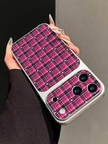 1pc Rose Red & Black Plaid Small Heart Flat Leather Texture Phone Case Electroplated Matte Silver Edge Full Coverage 2mm Shockproof Creative Precision Cut Raised Large Window Quick Change 18PM Lens Soft Shell Daily Use Suitable For IPhone18Pro/18Promax/17/17Pro/17PROMAX/16/16Pro/16PLUS/16PROMAX/15/11/12/13/14/15Pro/14Pro/13Pro/15PROMAX/14PROMAX/13PROMAX - Multicolor - View 5