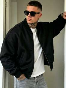 جاكيت طيران بسحاب للرجال، جاكيت خفيف الوزن، لون موحد، مناسب للزوج، أكمام طويلة، ملابس عمل، مناسب للخريف - الأسود - مشاهدة 7