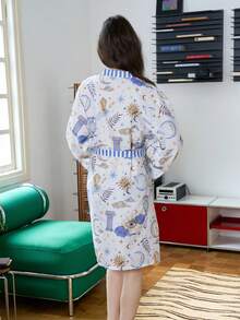 Women's Spring/Autumn Full Print Patchwork Striped Print Belted Robe - White - View 3