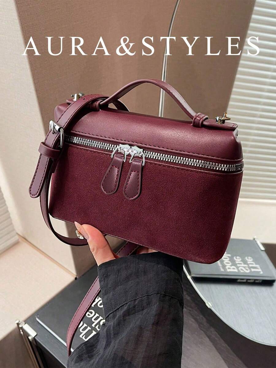 New Matte Patchwork Mini Handbag Crossbody Bag Phone Pouch, Fashionable Commuter Bag - Burgundy - View 1