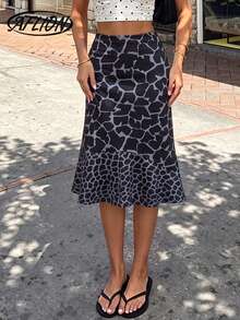Aflion Women Summer Fall Animal Print Midi Skirt, High Waist Fishtail Ruffle Hem Bodycon Mid‑Length Skirt For Date Night Party Casual Office Outfits - Multicolor - View 7