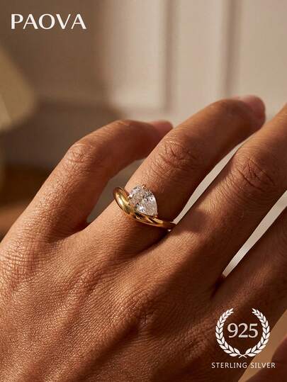 1pc Minimalist Smooth Water Drop Shaped Diamond Fashion Ring, Suitable For Women's Daily Wear, Party Decoration, Dating, Birthday Gift
