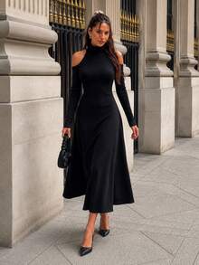 Women's Turtleneck Cold-Shoulder Long-Sleeve Shimmer Crepe Dress - Black - View 1