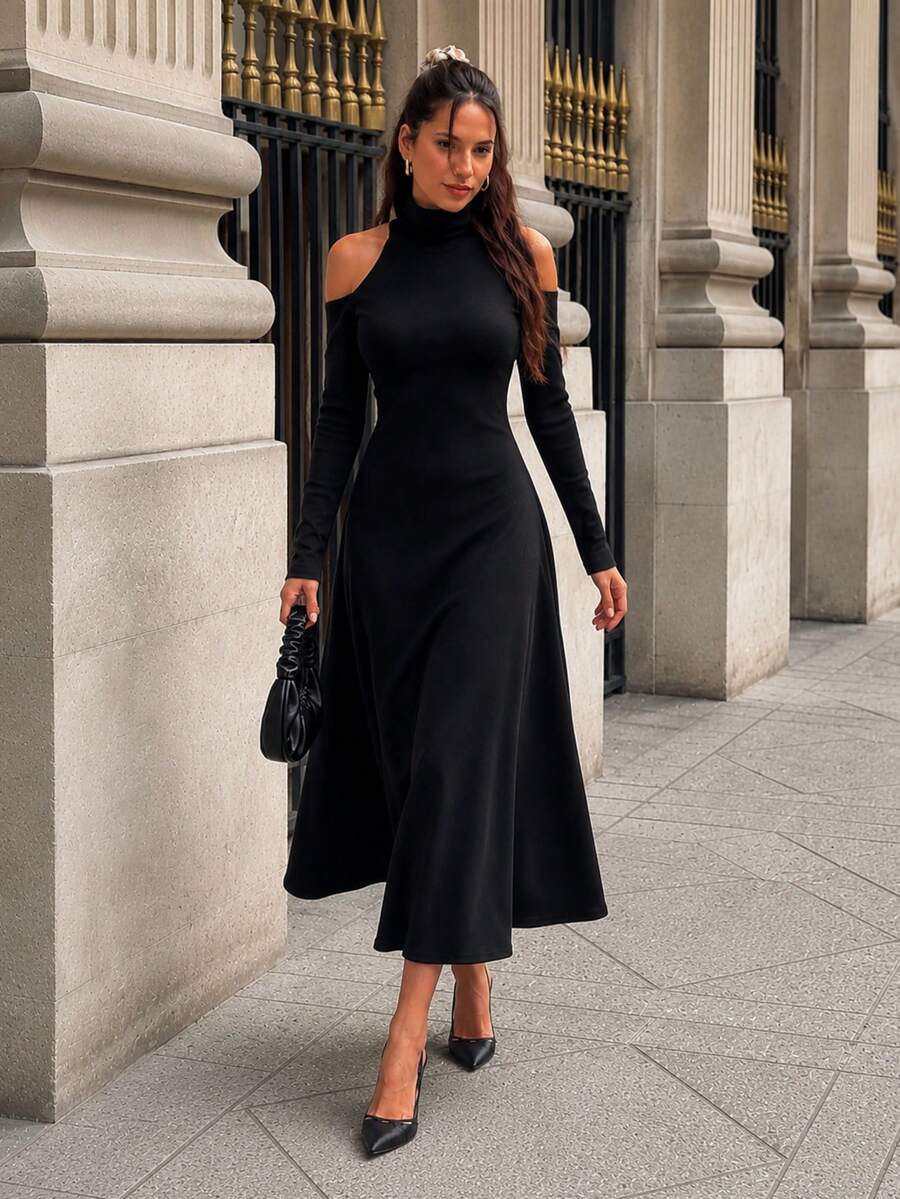 Women's Turtleneck Cold-Shoulder Long-Sleeve Shimmer Crepe Dress - Black - View 1