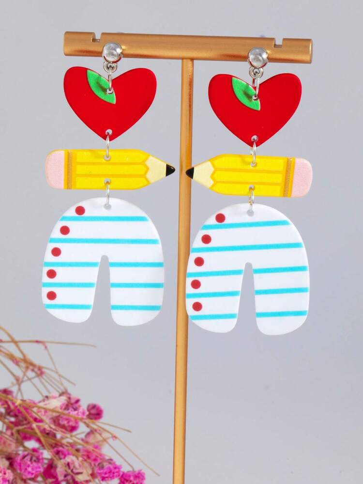 1 Pair Women's Cartoon Teacher's Day Earrings, Cute Apple Pencil & Book Dangle Earrings, Back To School Season Jewelry, Graduation Season Gift For Teachers (Card Not Included) - Multicolor - View 3