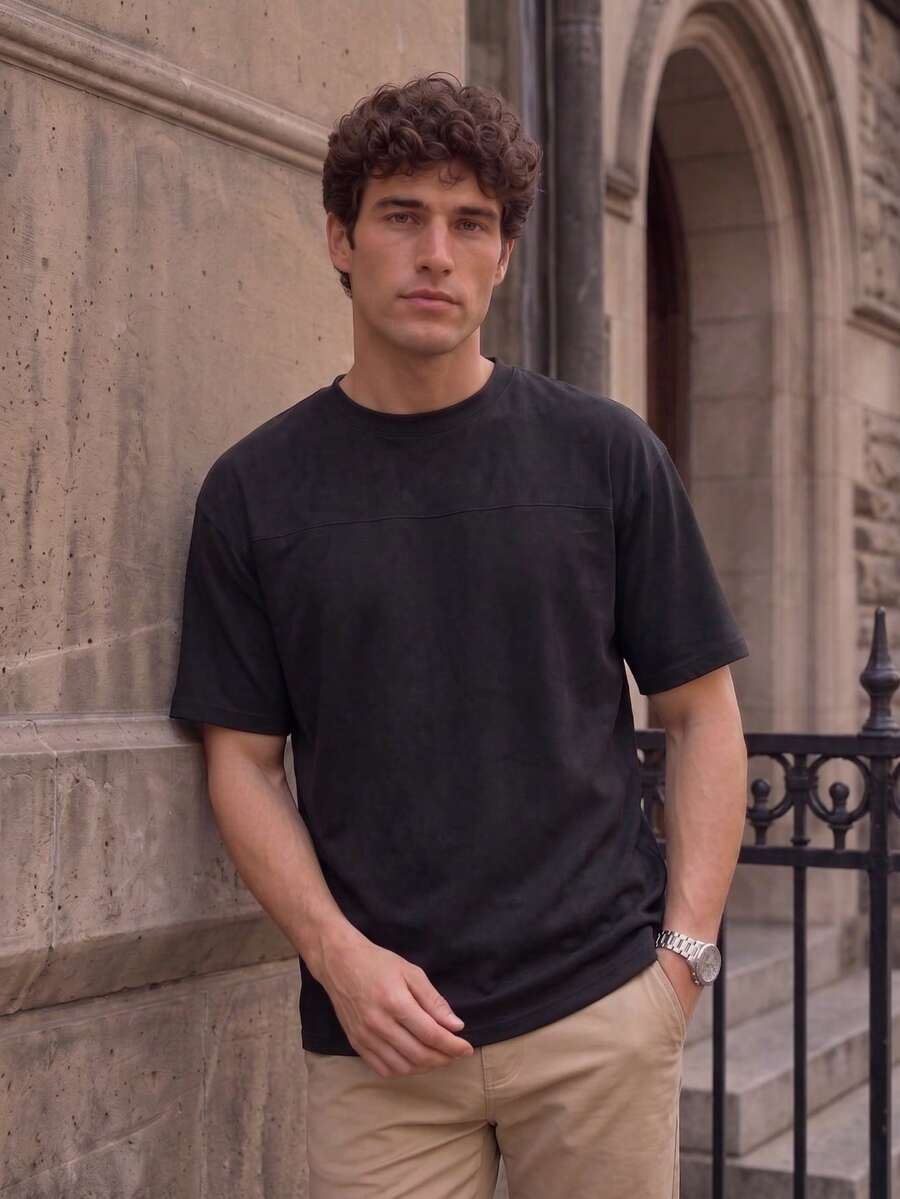 Men's Crew Neck Short Sleeve T-Shirt, Chest Patchwork Detail Loose Fit, Suitable For Casual Daily Wear - Black - View 1