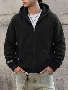 1pc Tween Boys Casual Solid Color Fleece Zip-Up Hoodie Jacket, Warm - Black - View 8