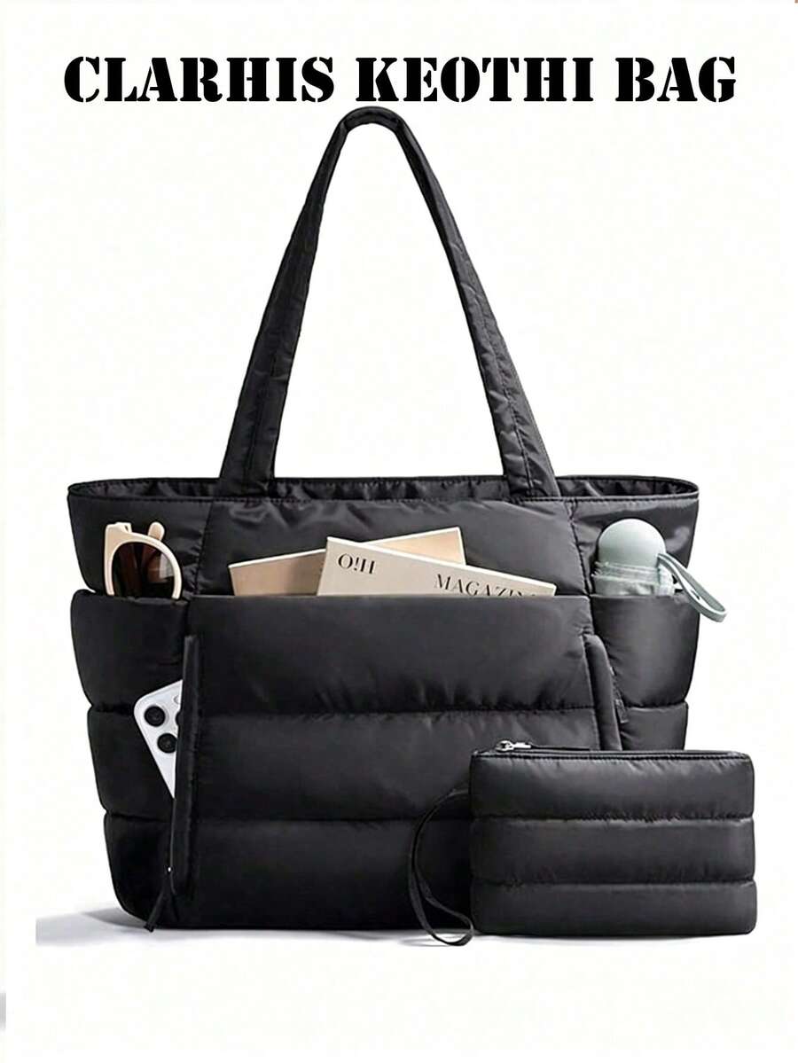 Solid Color Horizontal Quilted Puff Design Large Opening Tote Bag With Matching Small Pouch, Minimalist Aesthetic Shoulder Bag For Women, Campus, Commute, Weekend Outings, Casual Shopping, Popular Autumn/Winter Daily Accessory - Black - View 1