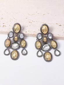 1 Pair Luxury Vintage Exaggerated Geometric Full Rhinestone Multi-Layer Patchwork Pendant Earrings, Fashionable Elegant Cool Elegant Versatile For Women - Fashion Patchwork Pendant Earrings - View 4