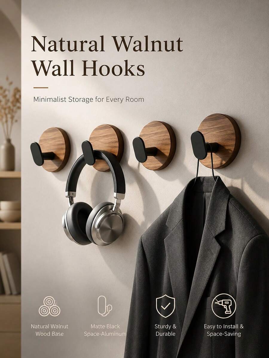 1/2/3Pcs Luxurious Walnut Multi-Purpose Wall-Mounted Hooks, No-Punch Strong Adhesive, Stable Load-Bearing, Stable Hook Protection, Universal Type, Suitable For Entryway, Clothing, Bathroom Towels, Kitchen Utensils, Wardrobe Storage