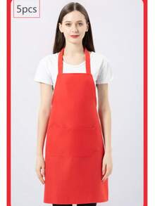 1/2/5pcs Women's Polyester Apron Set, Simple Red Apron With Pockets, Thickened Waistband, Fashionable Home Kitchen Workwear, Kitchen Supplies - Red - View 5