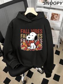 Autumn And Winter Women's Fleece Long-Sleeved Sweatshirt With Letter Snoopy FALL VIBES Print - Black - View 1