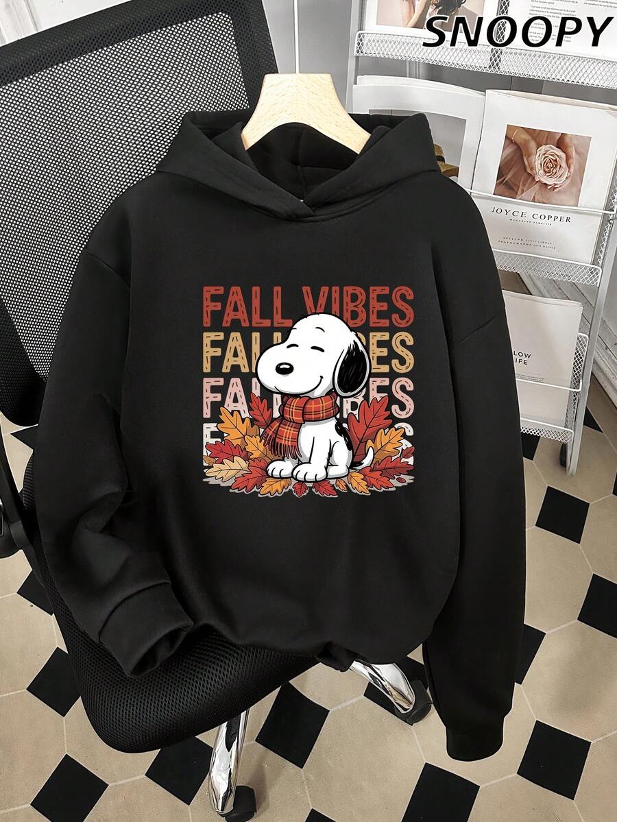 Autumn And Winter Women's Fleece Long-Sleeved Sweatshirt With Letter Snoopy FALL VIBES Print - Black - View 1