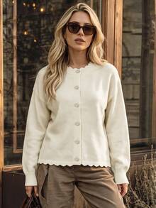 NiceArt Women's Autumn/Winter Apricot Elegant Wool Knit Cardigan, Scallop Collar With Rhinestone Buttons, Suitable For Office And Daily Wear - Apricot - View 8