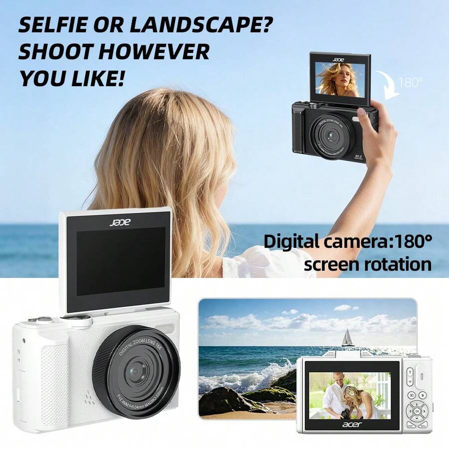 Kamera digital Acer, piksel interpolasi 80MP, layar putar 180 derajat, layar HD 3,0 inci, zoom digital 18x, tekstur CCD, berbagai filter, camcorder vlog tingkat pemula, cocok untuk selfie di luar ruangan, warna hitam.