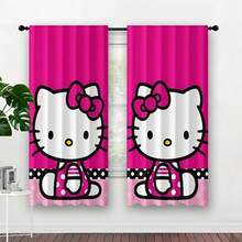 2pcs Pattern Decorative Curtains, Cute Cat & Bow Pink Print Blackout Curtains, Rod Pocket Hanging Style, All Season Use, Suitable For Bedroom, Office, Kitchen, Living Room, Study And Home Decor, Machine Washable, Multiple Sizes Available, Home Essential Decor - E - View 2