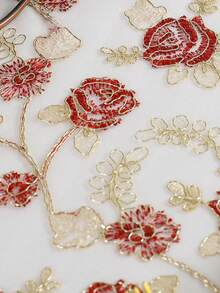 HXARTMIS 1pc French Vintage Rose Embroidered Lace Tablecloth, Hollow Lace Trim Square Dining Table Cover, Suitable For Dining Table, Coffee Table, Home Decor - Red - View 3