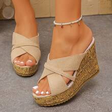 Sandal Wanita Bertumit Wedges Motif Kayu dengan Ujung Terbuka, Ukuran Plus, Platform Berongga - Krem - View 5