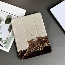1pc Neutral Beige Leopard & Floral Art Print Y-Shape Tri-Fold Tablet Protective Case, Built-In Pencil Slot, Transparent Back Cover With Pencil Holder, Multi-Angle Stand, Compatible With IPad 10.9/10.2/Air 5/Pro 11/10/9.7/Air 2/7/8/Air 4/5/Air 13/11(A16 2025), Compatible With Oppo Pad, Compatible With Huawei MatePad, Compatible With Honor Tablet - Multicolor - View 3