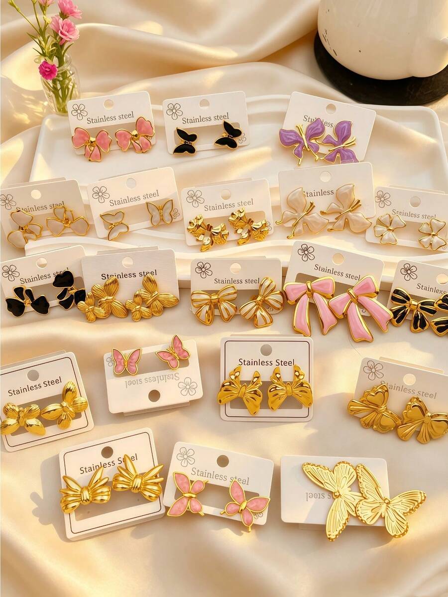 4/8/16/24pcs Bow Butterfly Cute Earrings For Women,For Office Vacation Daily Wear - Multicolor - View 1