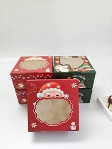 5pcs/10pcs Christmas Striped Window Boxes, Red & Green Christmas Snack Boxes With Santa Claus Tree And Merry Christmas Labels, Holiday Square Gift Boxes, Party Favor Packaging - View 9
