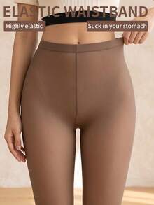 1 Pair Women's Coffee Color Faux Sheer Thermal Lined Tights, High Elasticity Warm Slimming Leggings, Suitable For Commute, Date, Autumn/Winter - Coffee Brown - View 2