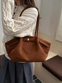 1pc Retro Women's Handbag, Casual, Stylish, Large Capacity, Versatile Underarm Shoulder Bag, New Commuter/Work Tote Bag, Solid Color, Buckle Closure, - Brown - View 2